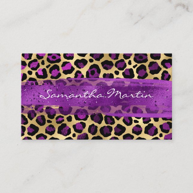 Purple and Gold Foil Leopard Brush Stroke Business Card (Front)