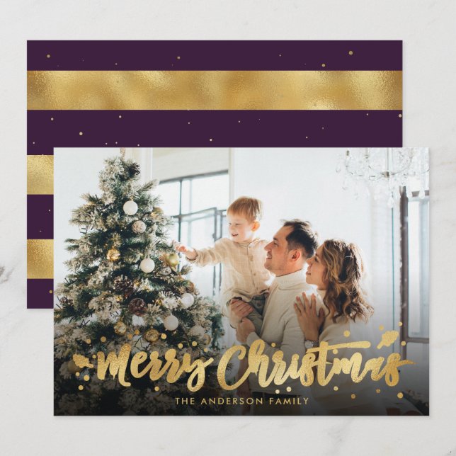 Purple and Gold Foil Merry Christmas Photo Cards (Front/Back)