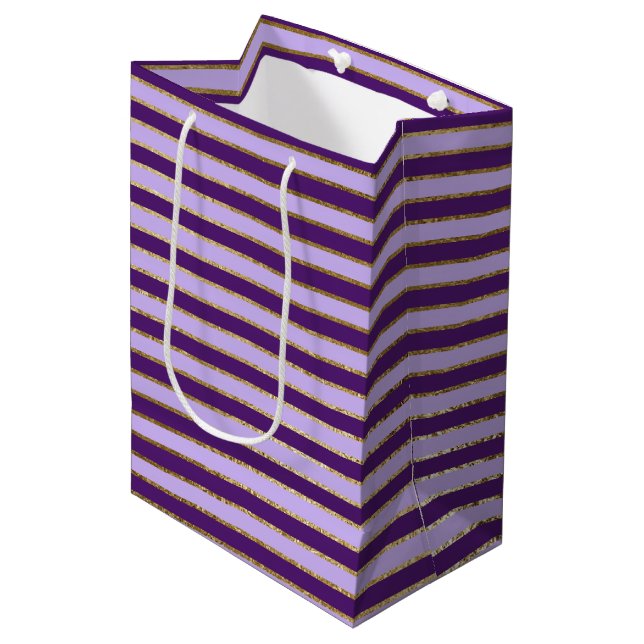 Purple and Gold Foil Stripes Birthday Party Medium Gift Bag (Front Angled)