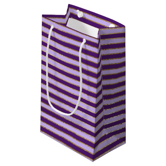 Purple and Gold Foil Stripes Birthday Party Small Gift Bag (Front Angled)