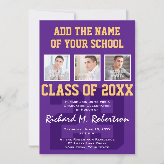 Purple and Gold Football Player's Graduation Party Invitation (Front)