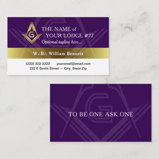 Purple and Gold Freemason Grand Lodge Masonic Business Card (Front/Back)