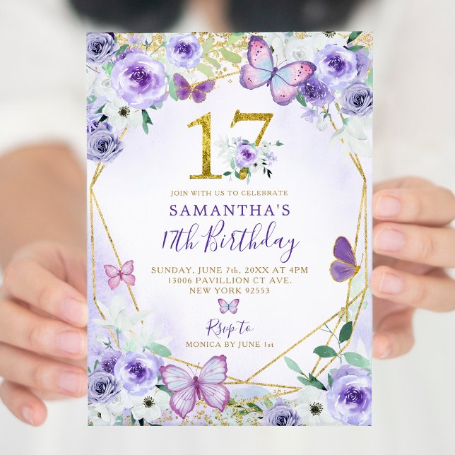 Purple and Gold Geometric Butterfly 17th Birthday Invitation (Creator Uploaded)