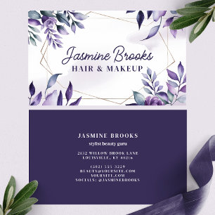 Purple and Gold Geometric Frame Watercolor Leaves Business Card