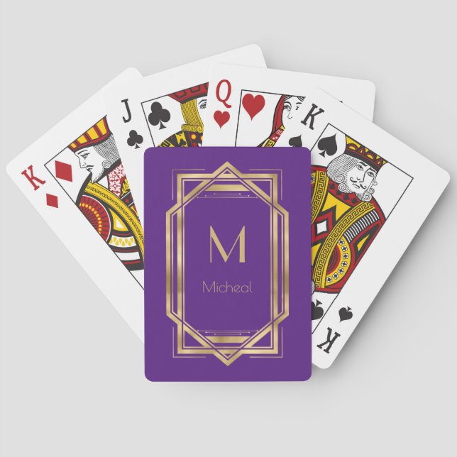 Purple and Gold Geometric | Monogram & Name  Playing Cards (Back)