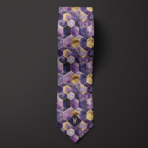 Purple and Gold Geometric Monogram Tie