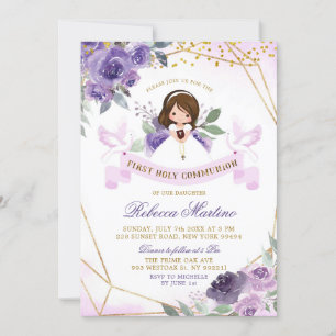 Purple and Gold Girl Floral First Holy Communion Invitation