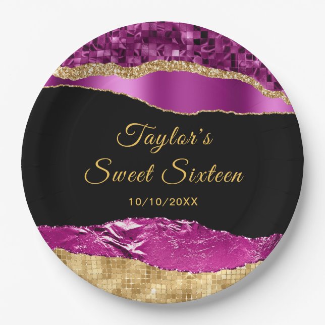 Purple and Gold Glam Tears Sweet Sixteen Paper Plate (Front)