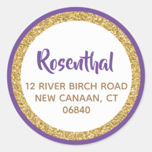 Purple and Gold Glitter Address Classic Round Sticker