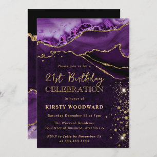 Purple and Gold Glitter Agate Birthday Invitation