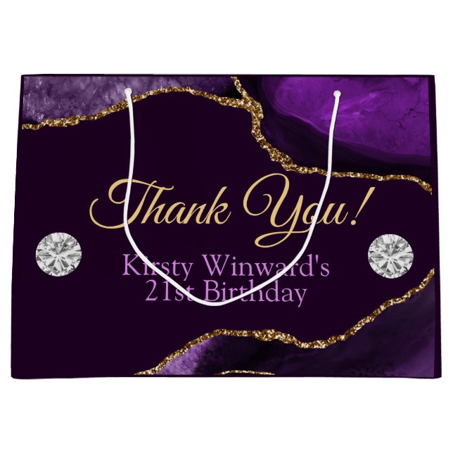 Purple and Gold Glitter Agate Birthday Large Gift Bag (Front)