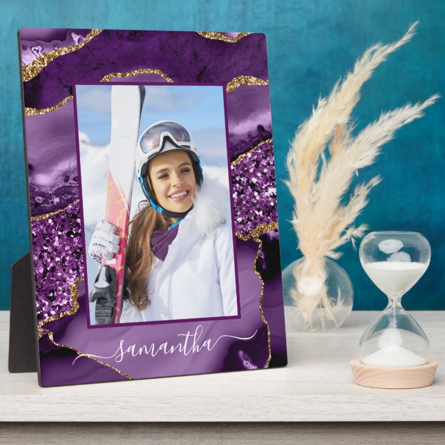 Purple and Gold Glitter Agate Elegant Name Photo Plaque (Side)