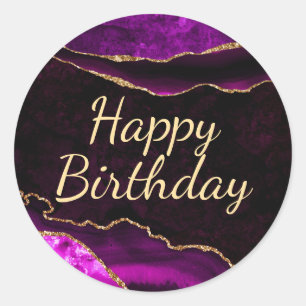 Purple and Gold Glitter Agate Happy Birthday Classic Round Sticker