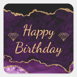 Purple and Gold Glitter Agate Happy Birthday Square Sticker