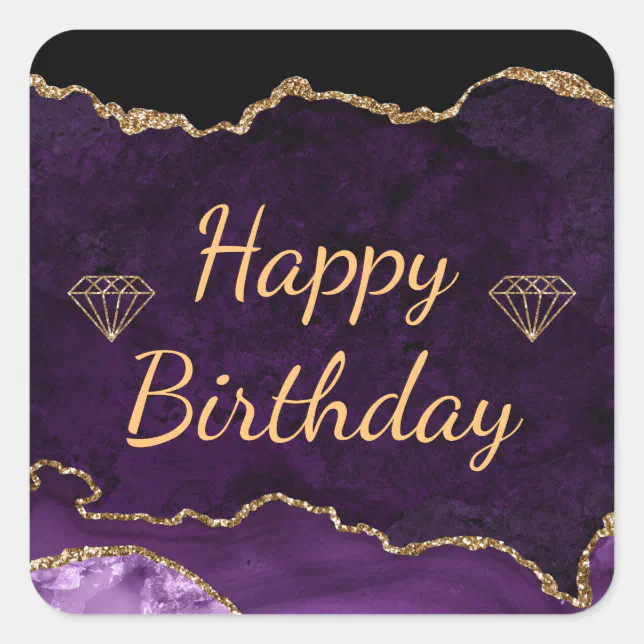 Purple and Gold Glitter Agate Happy Birthday Square Sticker | Zazzle