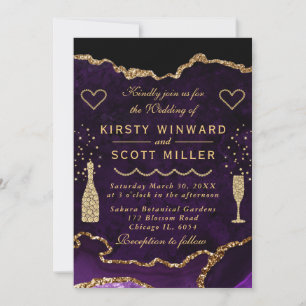 Purple and Gold Glitter Agate Marble Wedding Invitation