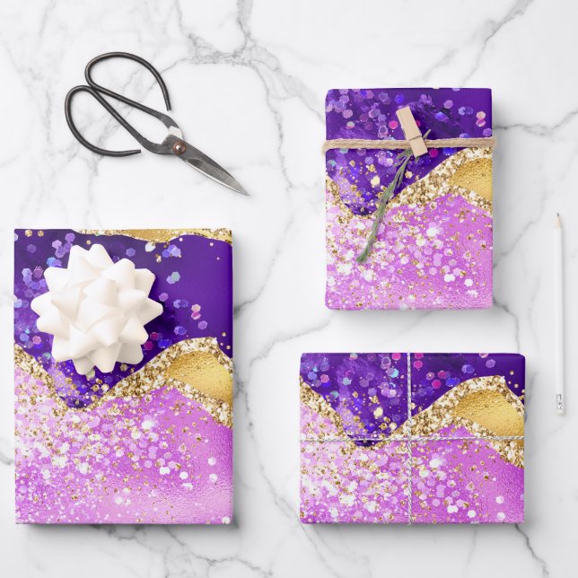 Purple and Gold Glitter Agate Pattern Wrapping Paper Sheet (Front)