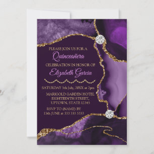 Purple and Gold Glitter Agate Quinceanera Invitation