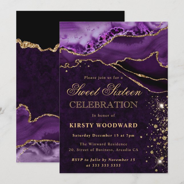 Purple and Gold Glitter Agate Sweet 16 Invitation (Front/Back)