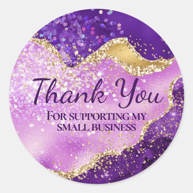 Purple and Gold Glitter Agate Thank You Business Classic Round Sticker (Front)