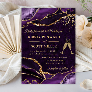 Purple and Gold Glitter Agate Wedding Invitation