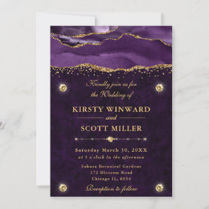 Purple and Gold Glitter Agate Wedding Invitation