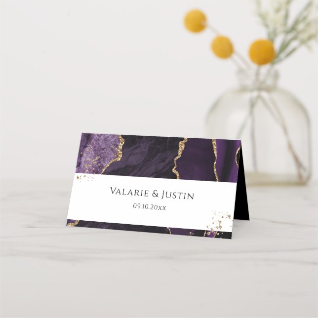 Purple and Gold Glitter Agate Wedding Place Card (Front)