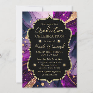 Purple and Gold Glitter Alcohol Ink Graduation Invitation