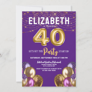 Purple and Gold Glitter Balloons 40th Birthday Invitation
