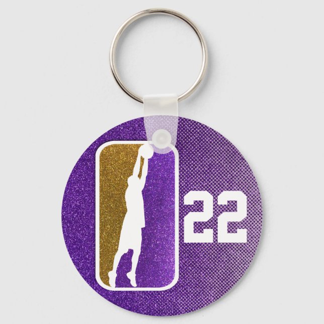 Purple and Gold Glitter Basketball Sports Design Key Ring (Front)