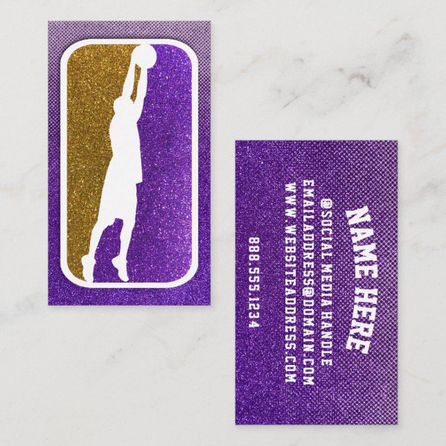 Purple and Gold Glitter Basketball Team Coach Business Card (Front/Back)