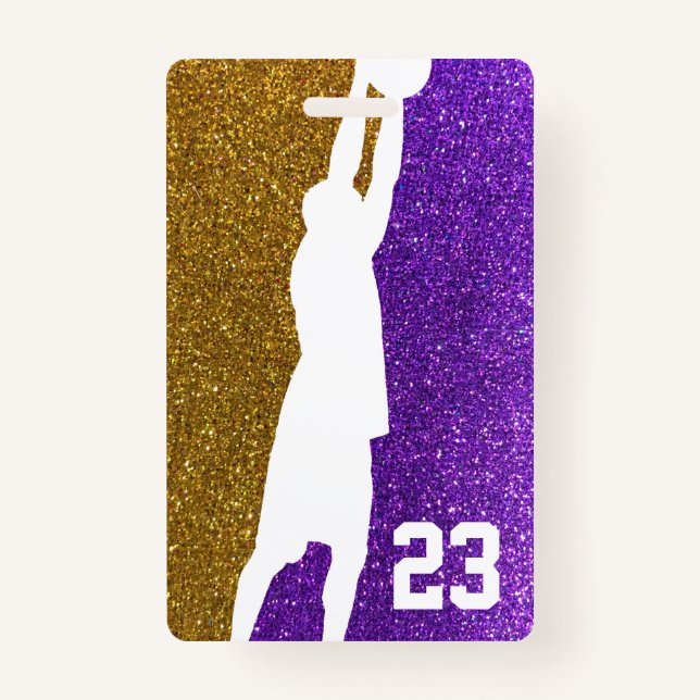 Purple and Gold Glitter Basketball Team Jersey ID Badge (Front)