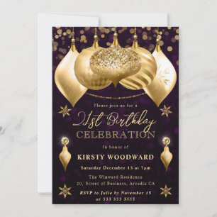 Purple and Gold Glitter Baubles 21st Birthday Invitation
