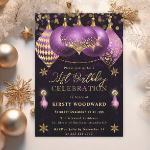 Purple and Gold Glitter Baubles 21st Birthday Invitation