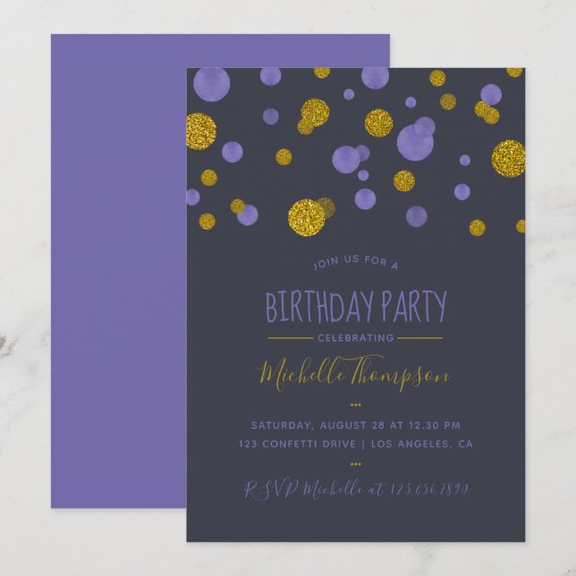 Purple and Gold Glitter Confetti Birthday Party Invitation (Front/Back)