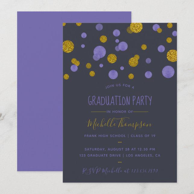Purple and Gold Glitter Confetti Graduation Party Invitation (Front/Back)