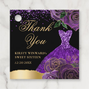 Purple and Gold Glitter Dress Glam Roses Sweet 16 Favour Tags