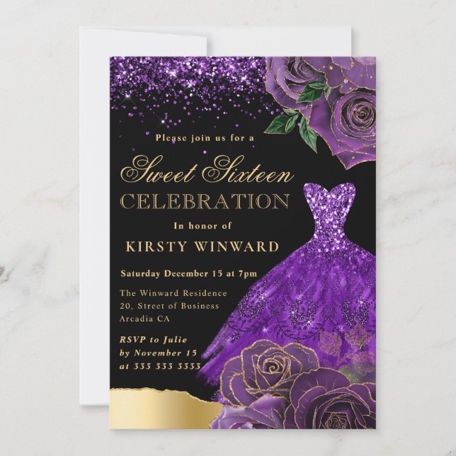 Purple and Gold Glitter Dress Glam Roses Sweet 16 Invitation (Front)