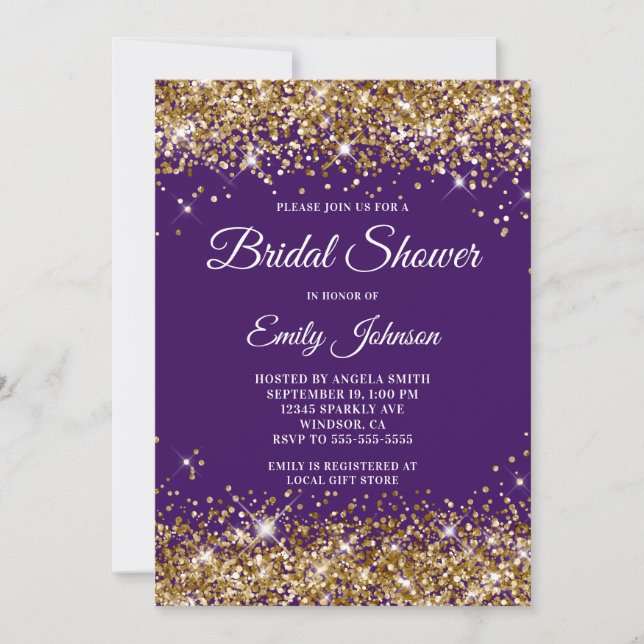 Purple and Gold Glitter Fancy Script Bridal Shower Invitation (Front)