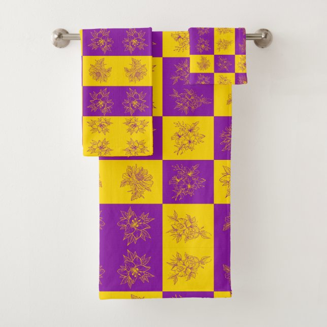 Purple and Gold Glitter Flowers Pattern Bath Towel Set (Insitu)