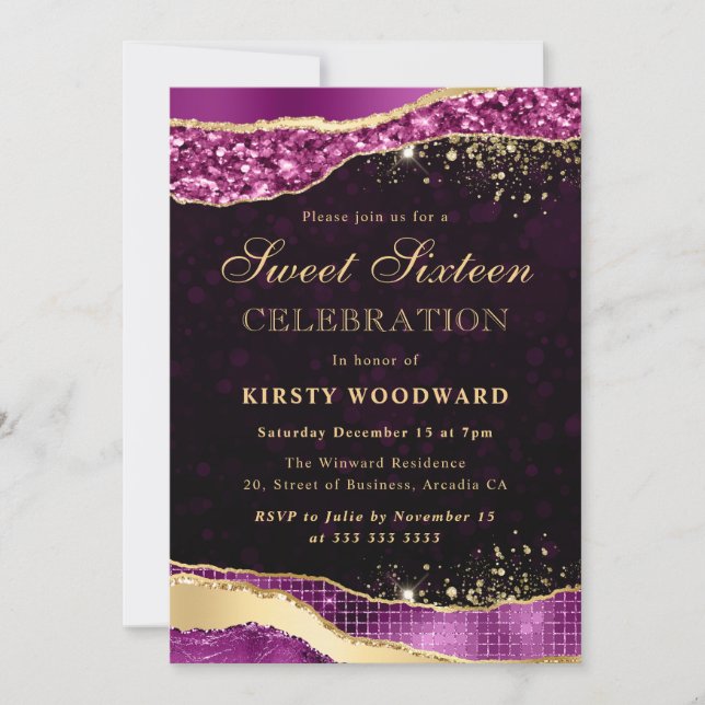 Purple and Gold Glitter Glam Tears Sweet Sixteen Invitation (Front)