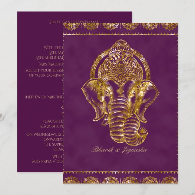 Purple and Gold Glitter Indian Wedding Invitation (Front/Back)