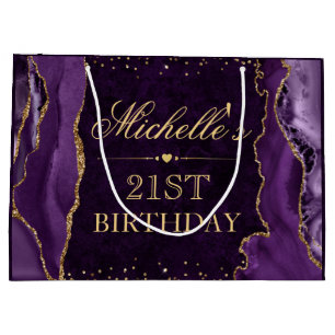 Purple and Gold Glitter Marble Agate Birthday Large Gift Bag