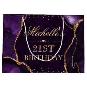 Purple and Gold Glitter Marble Agate Birthday Large Gift Bag