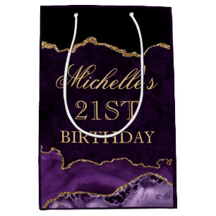 Purple and Gold Glitter Marble Agate Birthday Medium Gift Bag