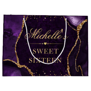 Purple and Gold Glitter Marble Agate Sweet 16 Large Gift Bag