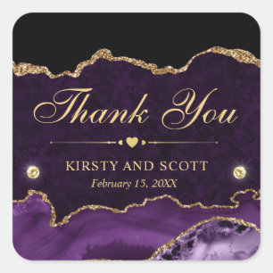 Purple and Gold Glitter Marble Agate Wedding Square Sticker