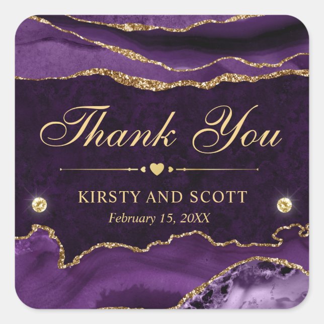 Purple and Gold Glitter Marble Agate Wedding Square Sticker (Front)