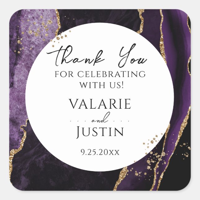 Purple and Gold Glitter Marble Thank You Square Sticker (Front)