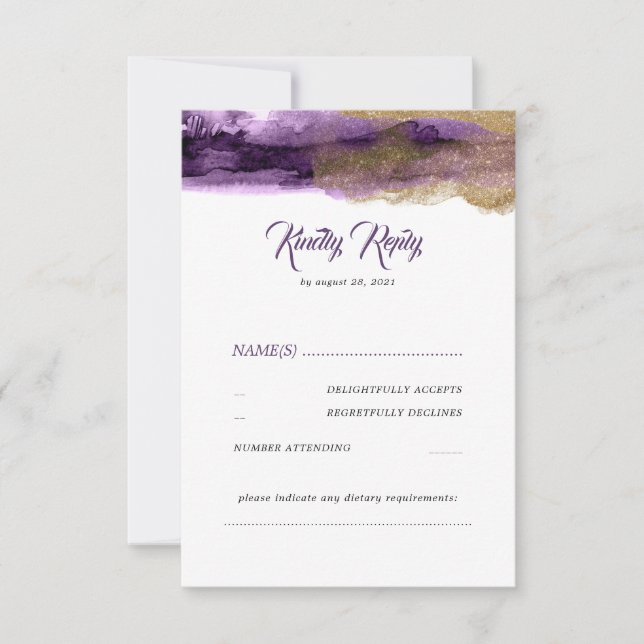 Purple and Gold Glitter Modern Wedding RSVP Card (Front)
